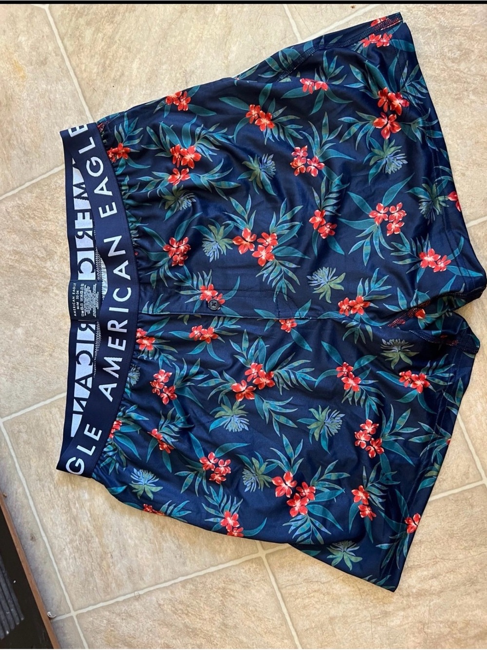 American Eagle Outfitters Navy Floral Swim Trunks with Red Blossoms